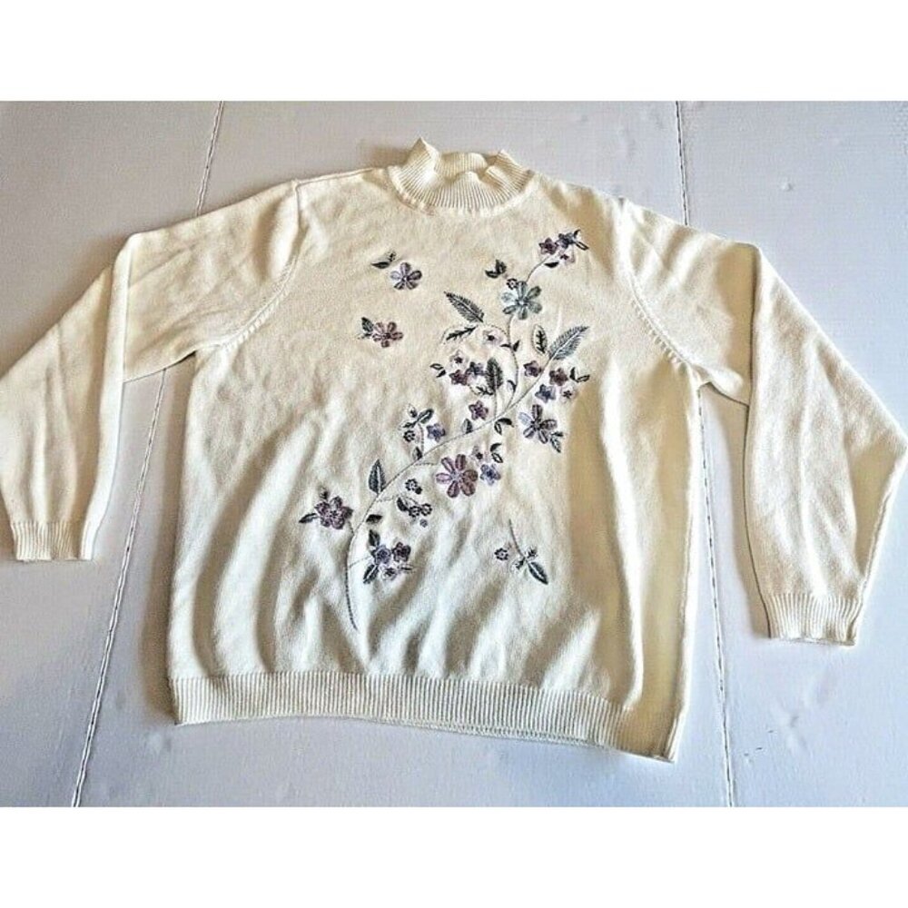 Vtg Wom L Blair Cream Sweater Blue Purple Floral Embroidery Grandma Cottage Core